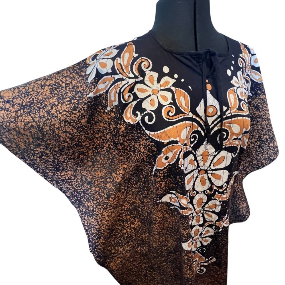 Handmade Navy & Peach Batik Kaftan Dress With Floral Patterns & Tie Neckline S